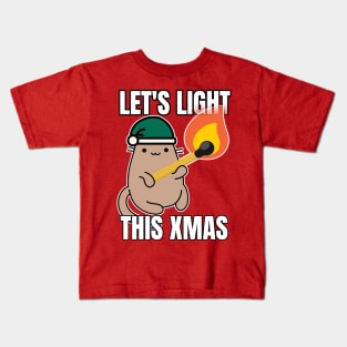 Funny Christmas elf Cat Lets light this Xmas Green Kids T-Shirt